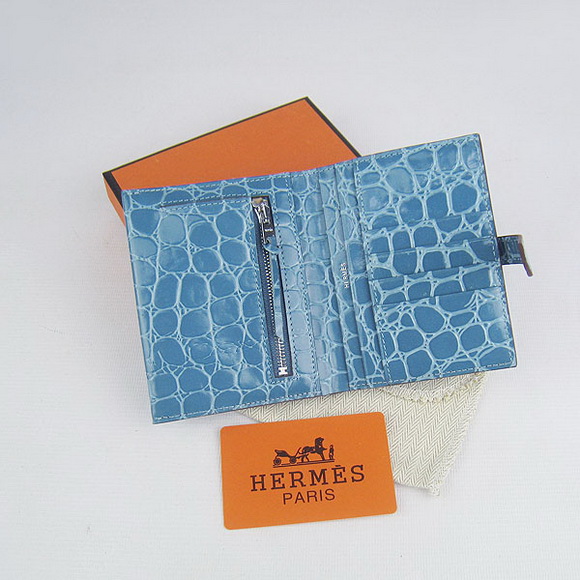 Cheap Replica Hermes Light-Blue Crocodile Veins Wallet H006